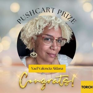 A woman with blonde hair smiles. The text described her as a pushcart prize.